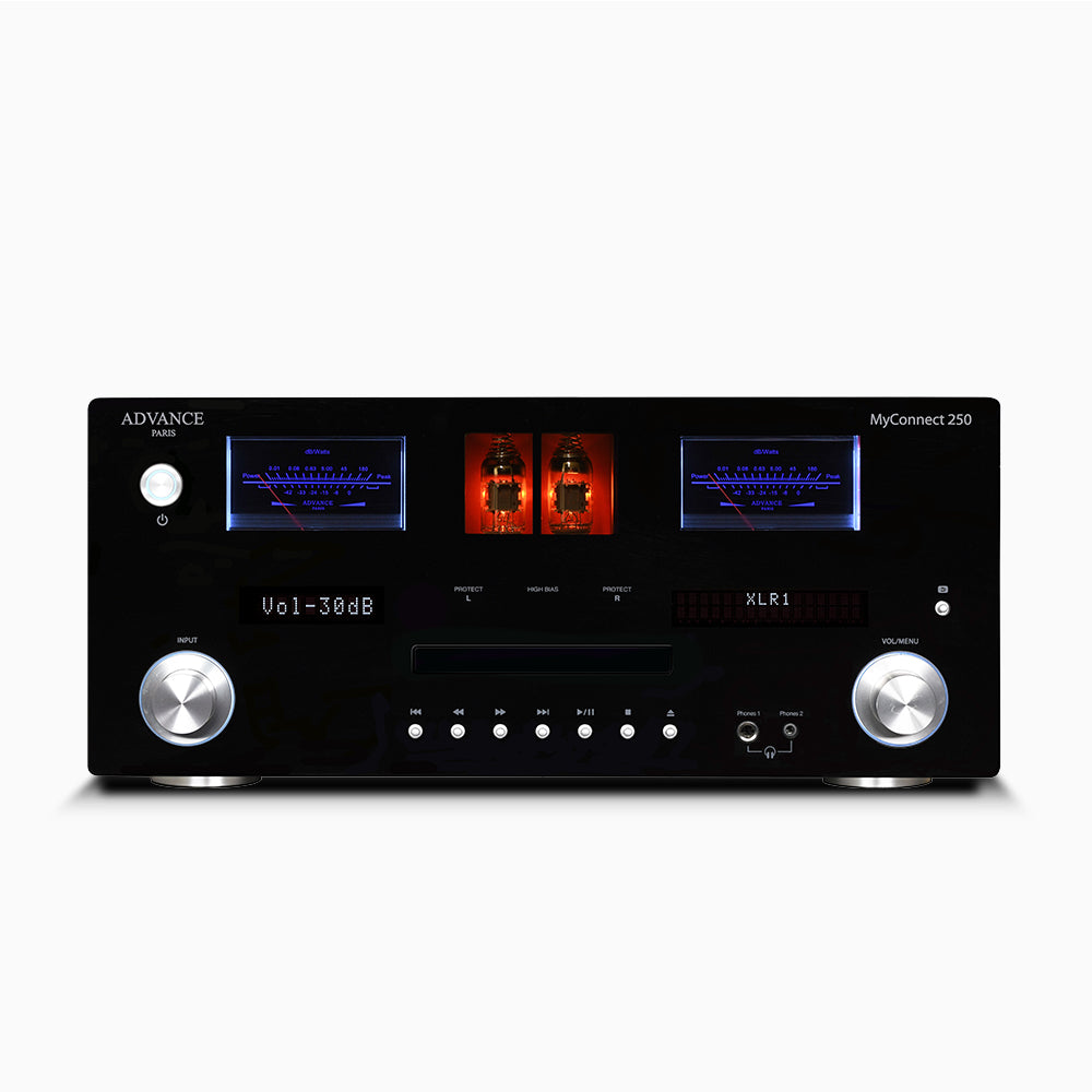 The Advance Paris MyConnect 250 is an audiophile “All-in-One” with a double toroidal transformer for power supply and many features such as streaming, CD, FM / DAB radio. Front image
