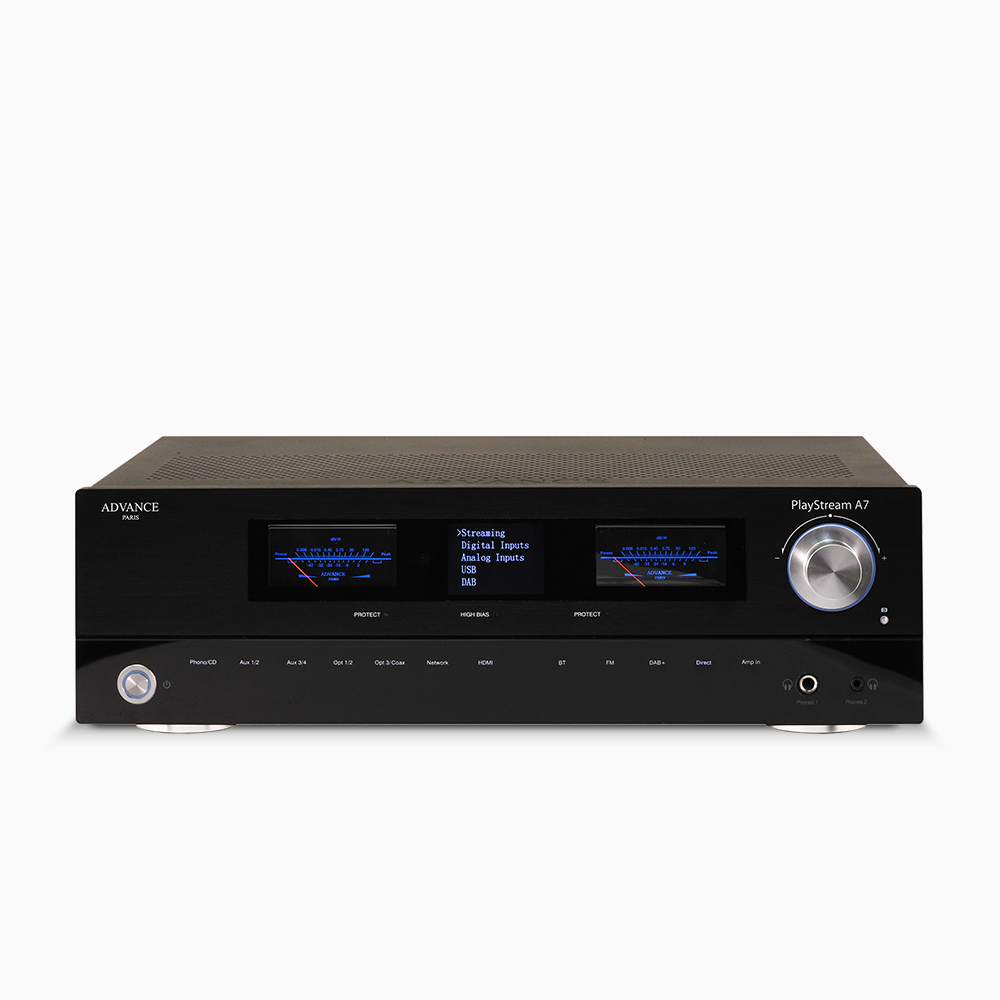 The Advance Paris PlayStream A7 is a connected integrated amplifier. With a power of 2x115W/8Ω in class AB, the A7 has been designed with the ultimate goal of satisfying the demanding audiophile. Its sound reproduction is uncompromising, compatible with all new high definition sources.Front Image