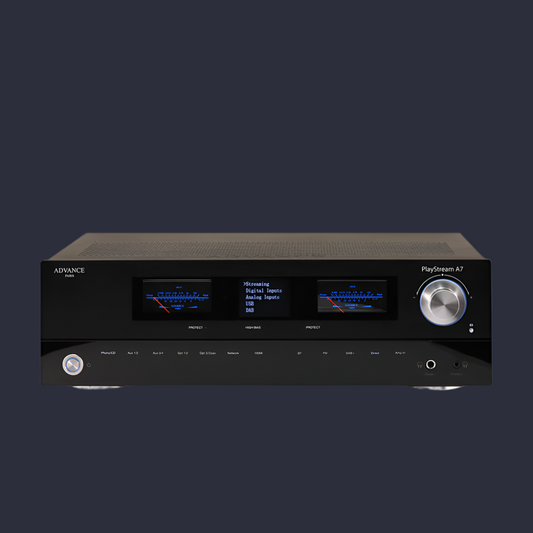 The Advance Paris PlayStream A7 is a connected integrated amplifier. With a power of 2x115W/8Ω in class AB, the A7 has been designed with the ultimate goal of satisfying the demanding audiophile. Its sound reproduction is uncompromising, compatible with all new high definition sources.Front Image