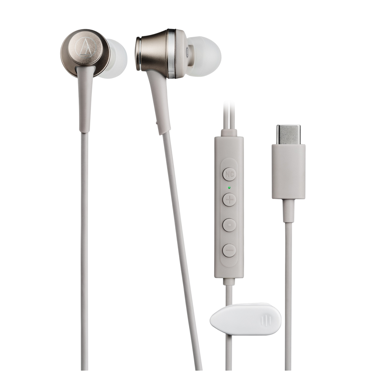 Audio Technica ATH-CKD7NC Noise Cancelling In-Ear USB-C Headphones in Beige-Gold.  Image shows connection and controls