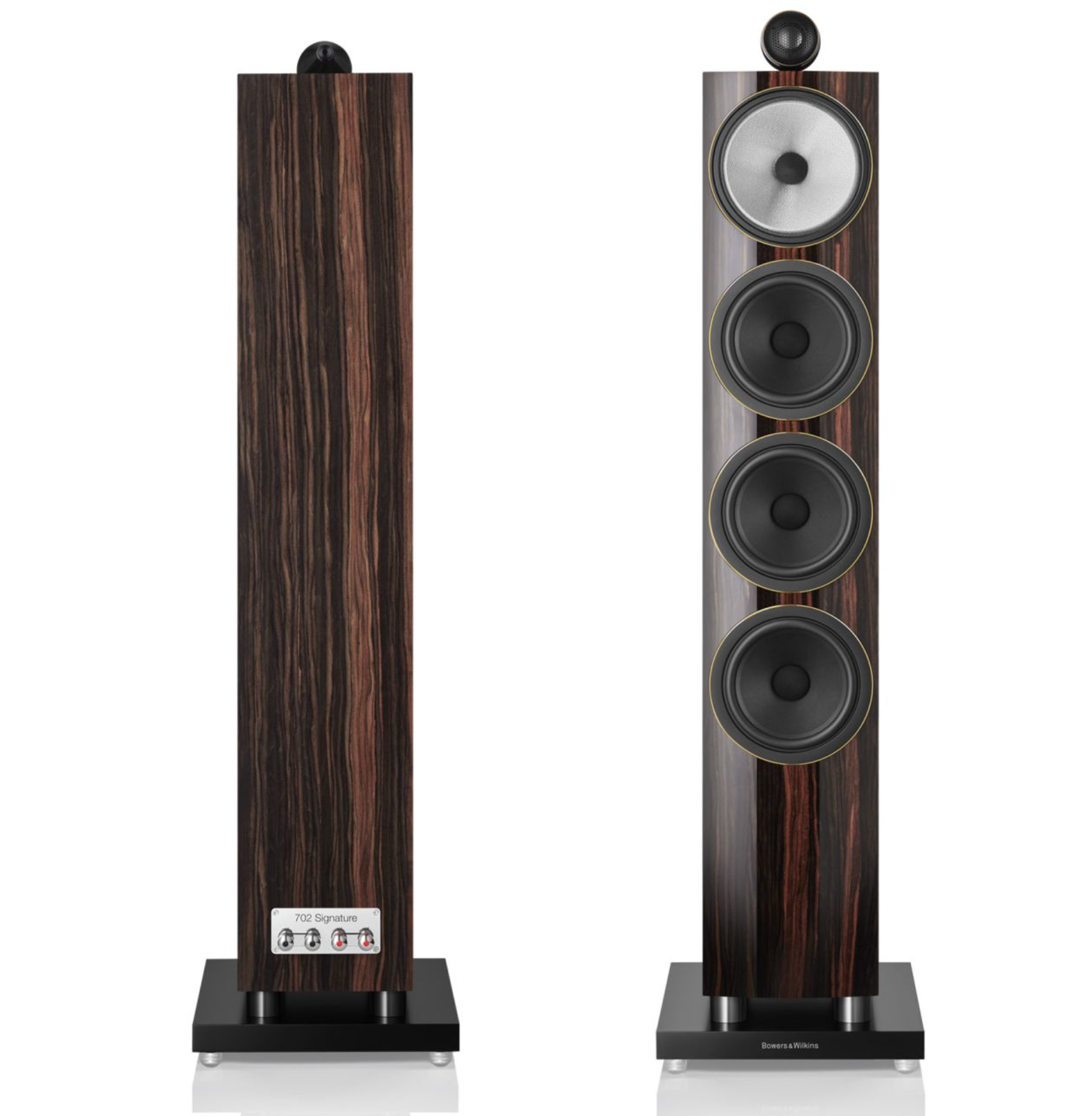 Bowers & Wilkins 702 S3 Signature Floorstanders in Datuk Gloss. Image shows back and front of speakers