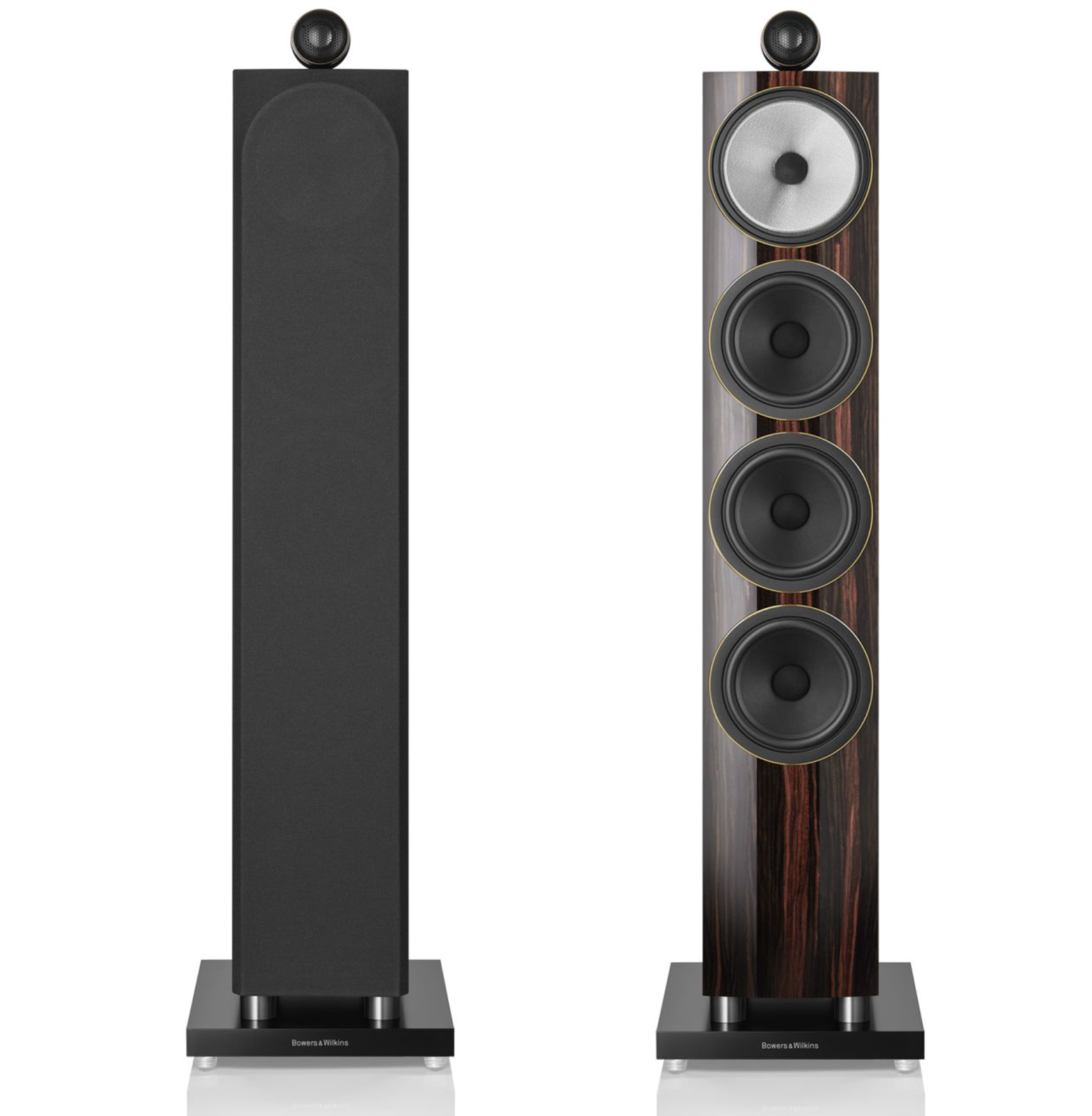 Bowers & Wilkins 702 S3 Signature Floorstanders in Datuk Gloss. Image shows front with grille and without grille - front of speakers