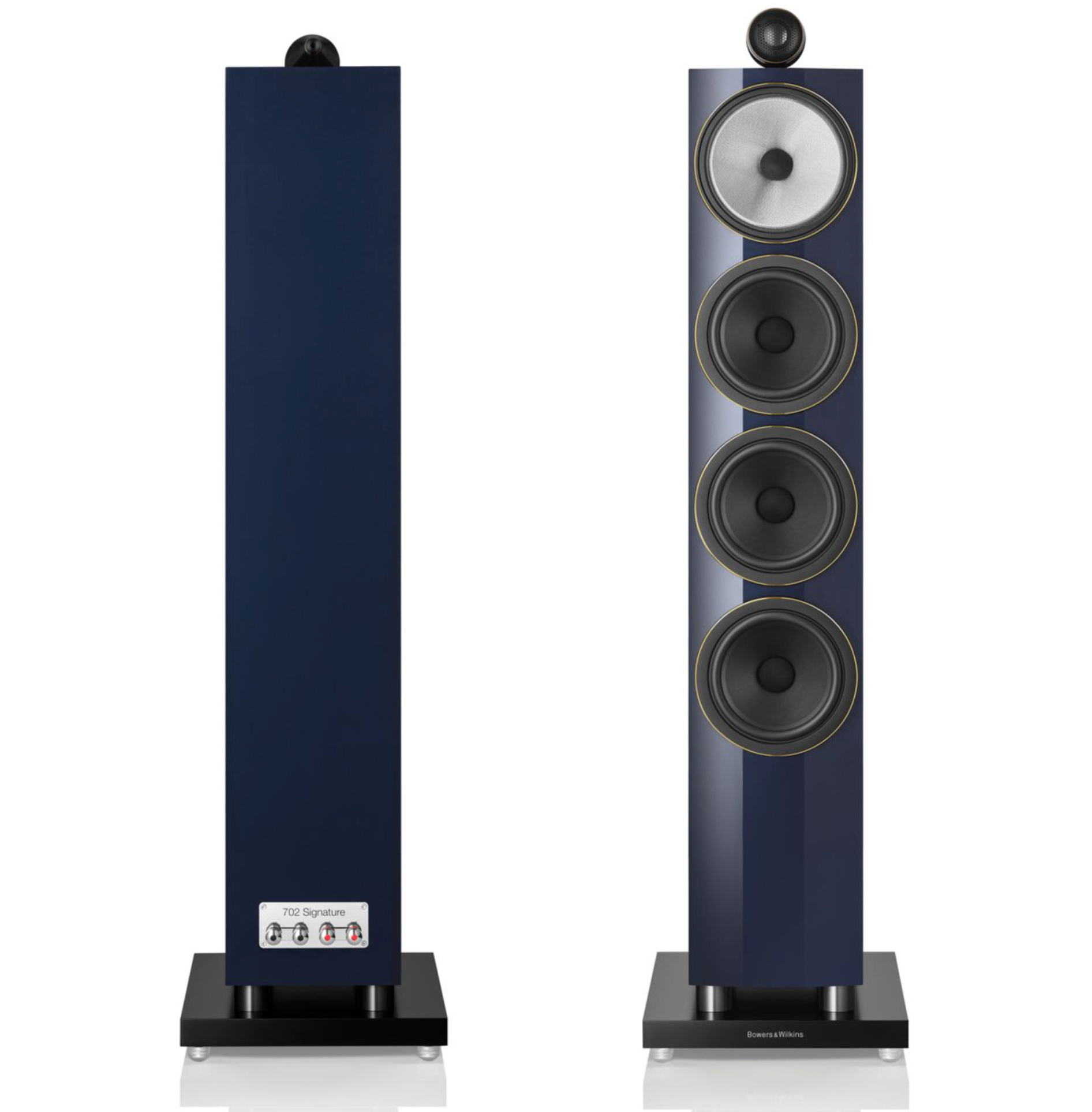 Bowers & Wilkins 702 S3 Signature Floorstanders in Midnight Blue Metallic.  Image shows back and front of speakers