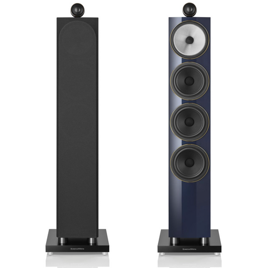 Bowers & Wilkins 702 S3 Signature Floorstanders in Midnight Blue Metallic.  Image shows front with grille and without grille - front of speakers