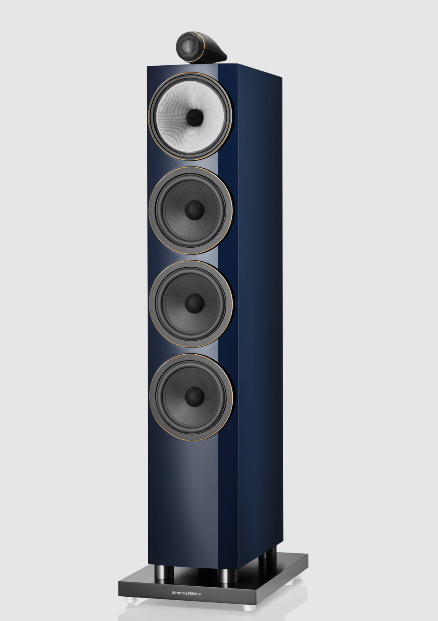 Bowers & Wilkins 702 S3 Signature Floorstanders in Midnight Blue Metallic. Image shows front and side of speaker
