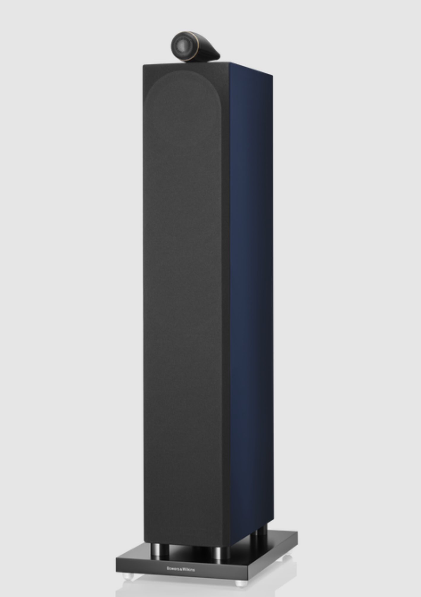 Bowers & Wilkins 702 S3 Signature Floorstanders in Midnight Blue Metallic. Image shows front and side of speaker with grille