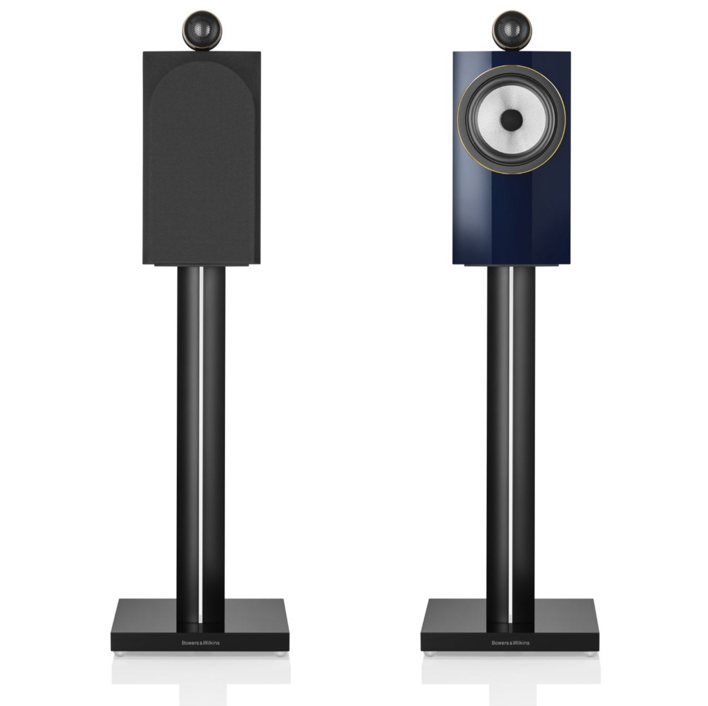 Bowers and Wilkins 705 S3 Signature bookshelf speakers in Midnight Blue Metallic.  Shown with stand (sold separately)