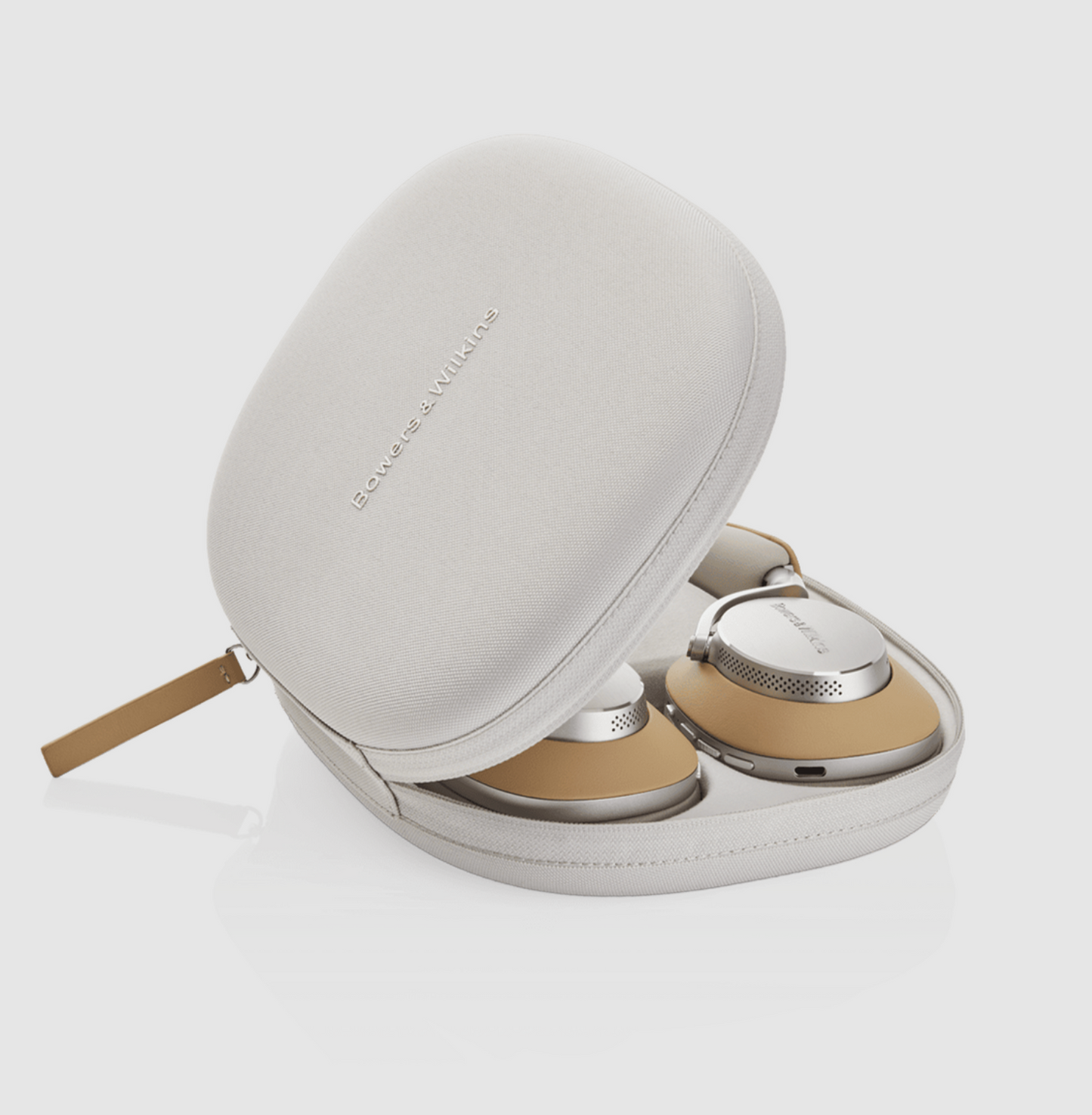 B&W Px8 Noise Cancelling Headphones in Tan. Image of case