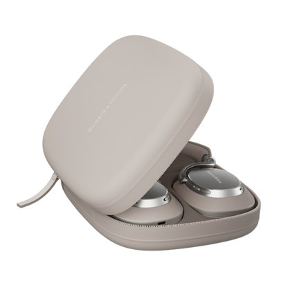 Bowers and Wilkins Px8 S2 Noise Cancelling Headphones in Warm Stone in their carry case