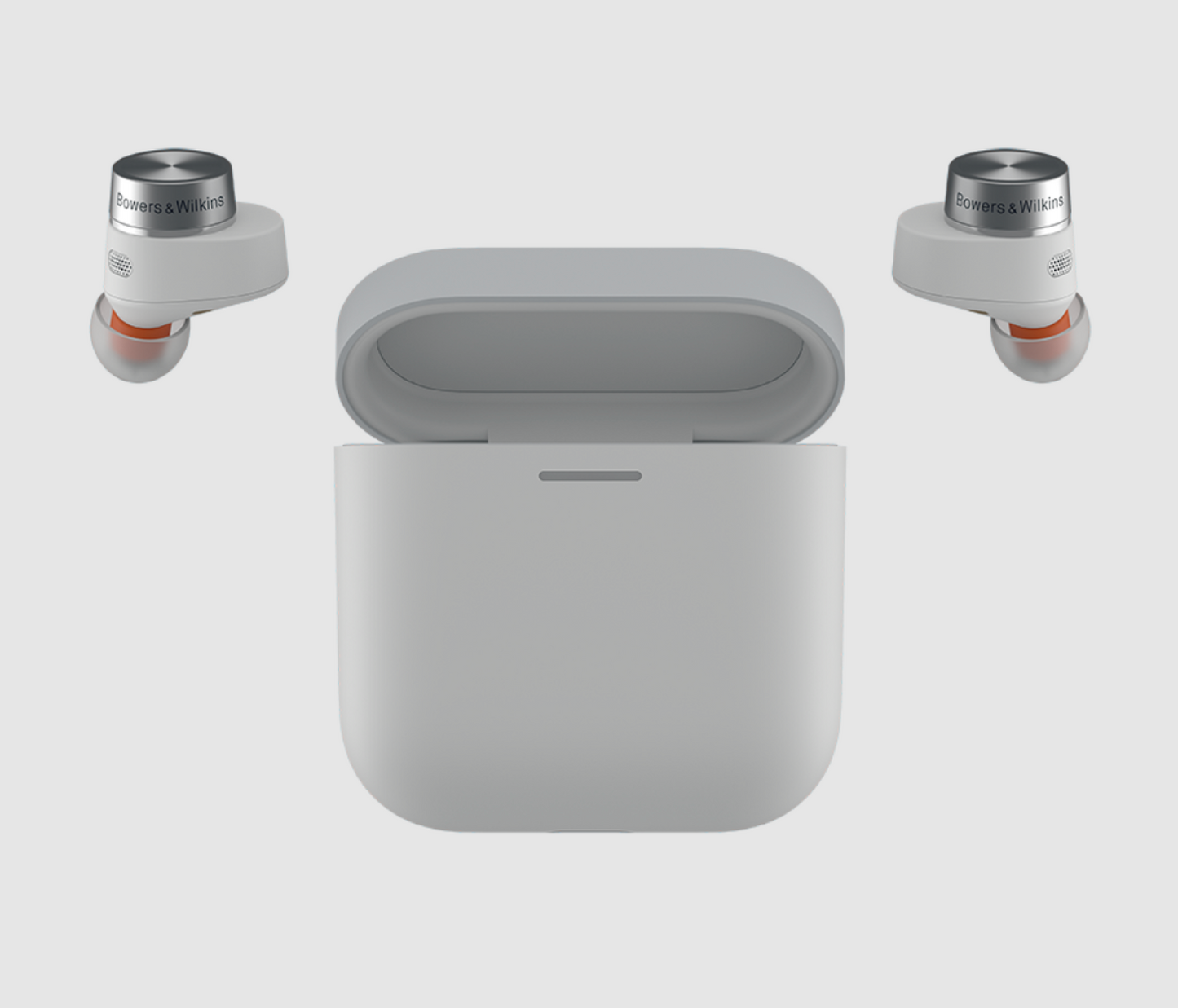 B&W Pi5 S2 Wireless Earbuds in Could Gray. Image with case