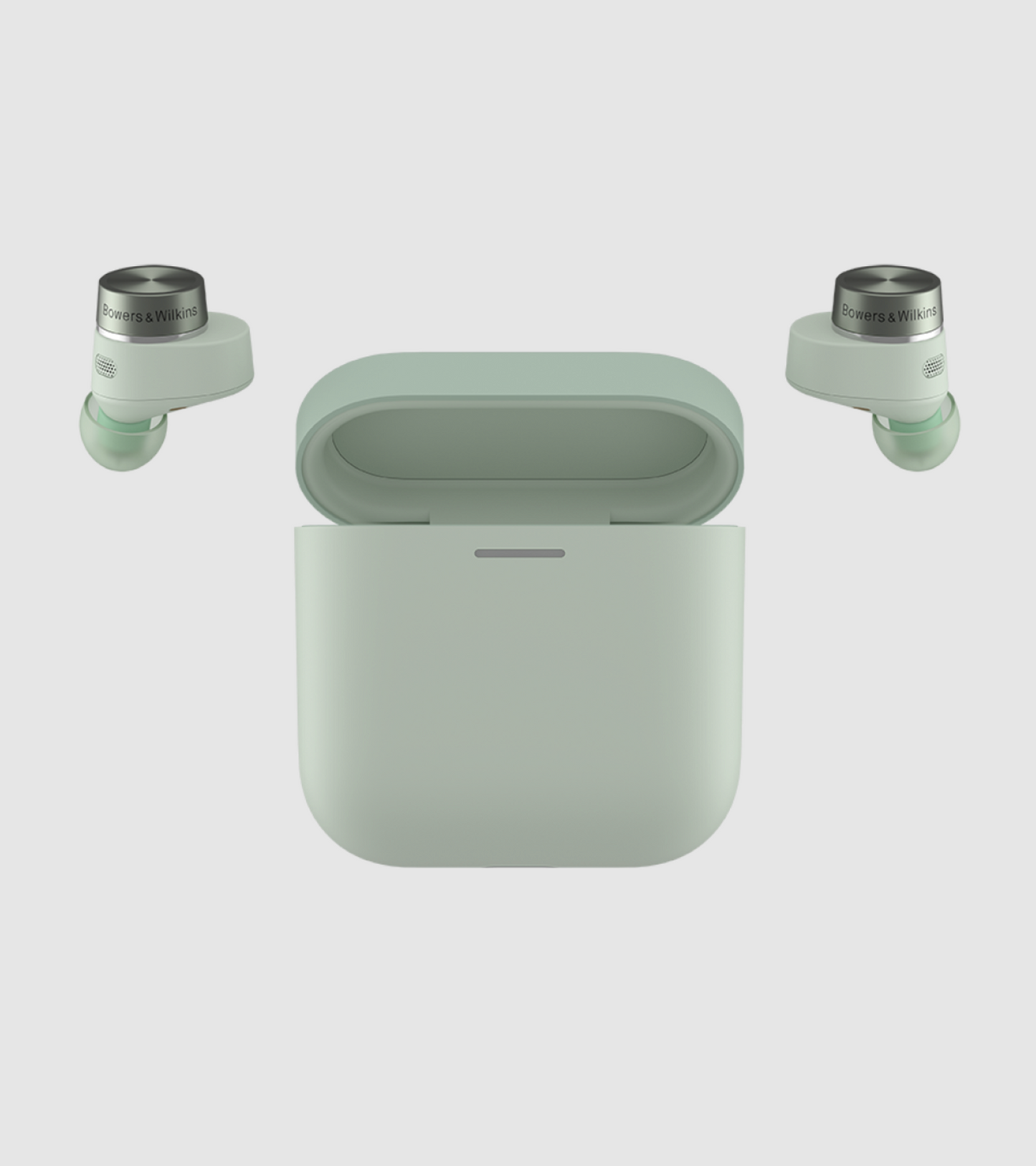 B&W Pi5 S2 Wireless Earbuds in Sage Green. Image with case