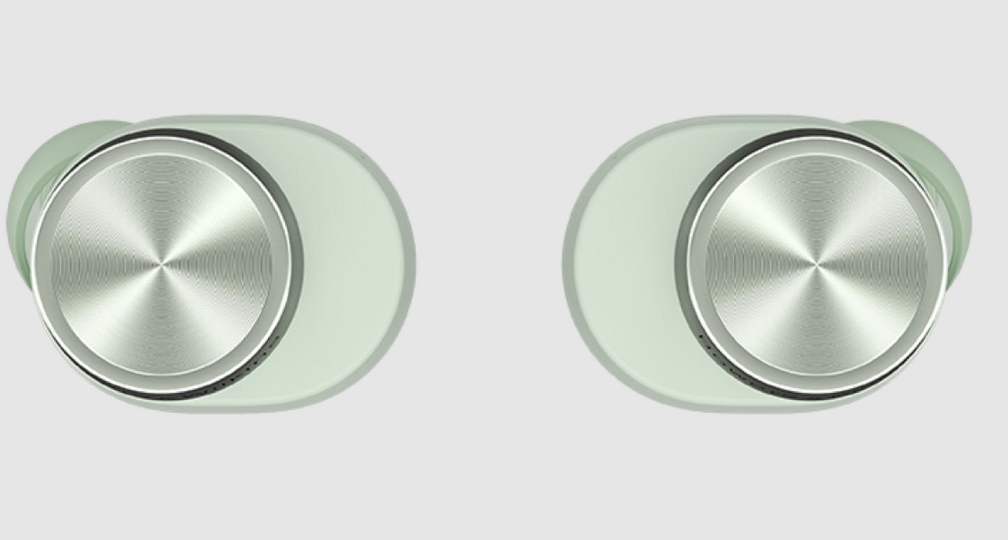 B&W Pi5 S2 Wireless Earbuds in sage green.  Image of top