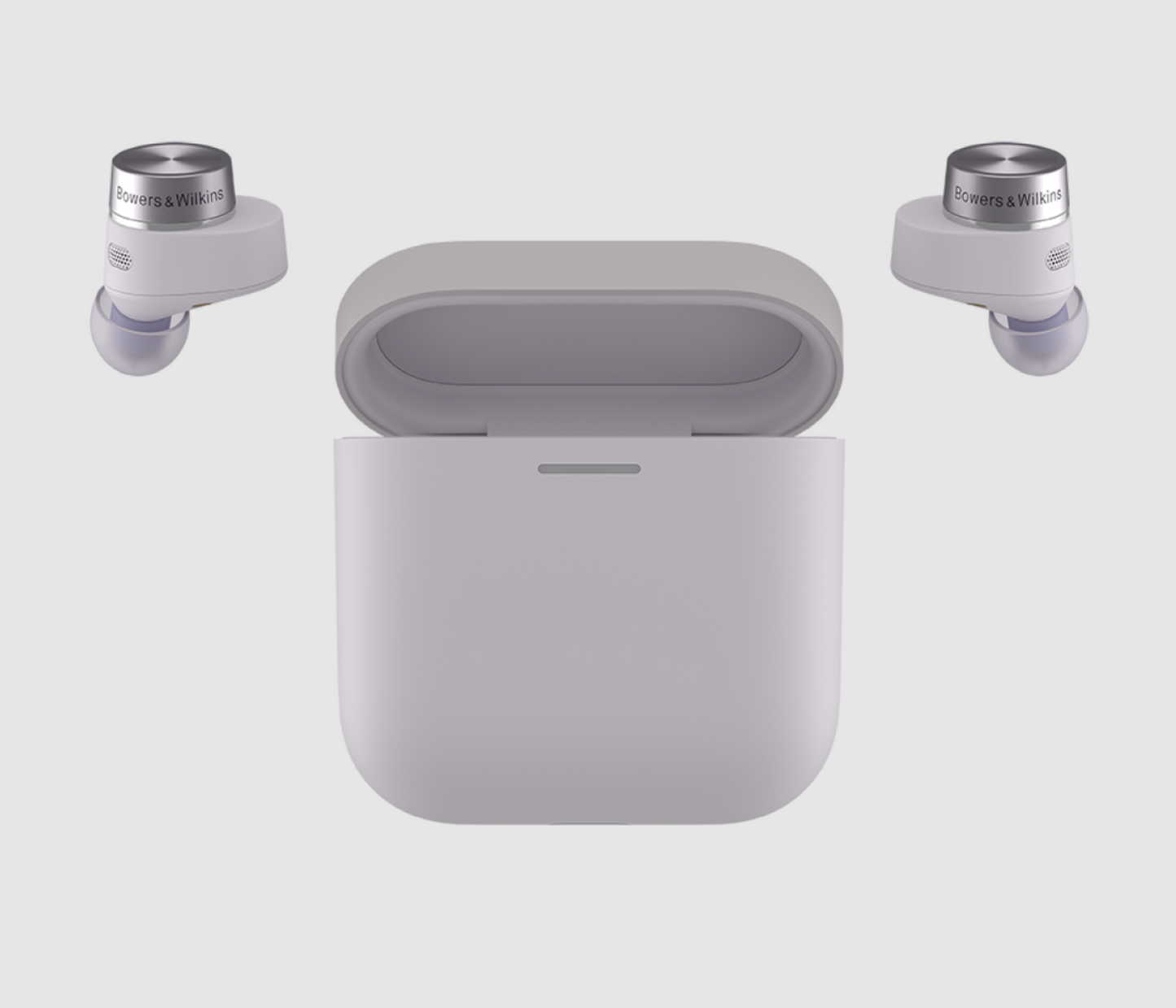B&W Pi5 S2 Wireless Earbuds in Spring Lilac. Image with case