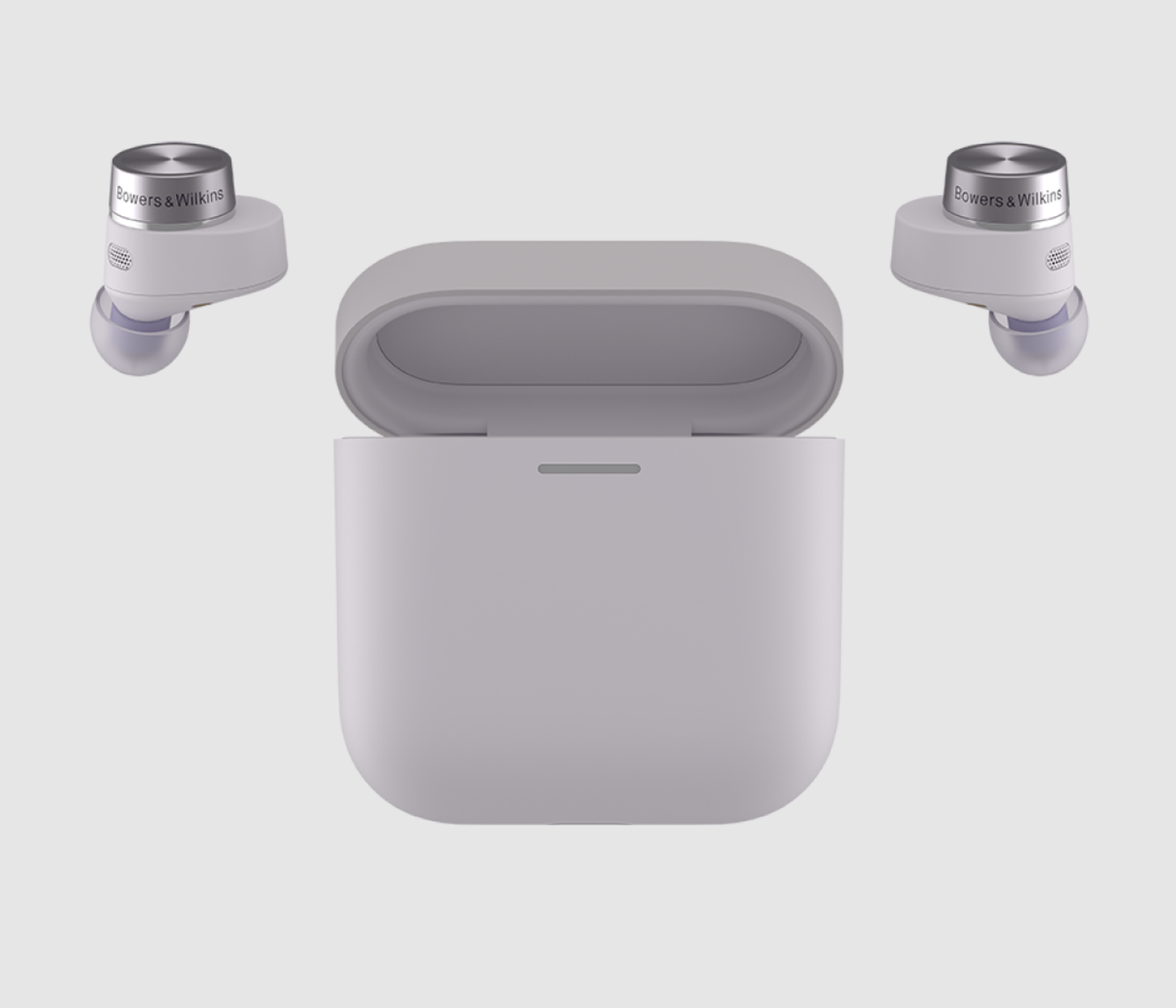 B&W Pi5 S2 Wireless Earbuds in Spring Lilac. Image with case