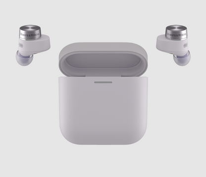 B&W Pi5 S2 Wireless Earbuds in Spring Lilac. Image with case