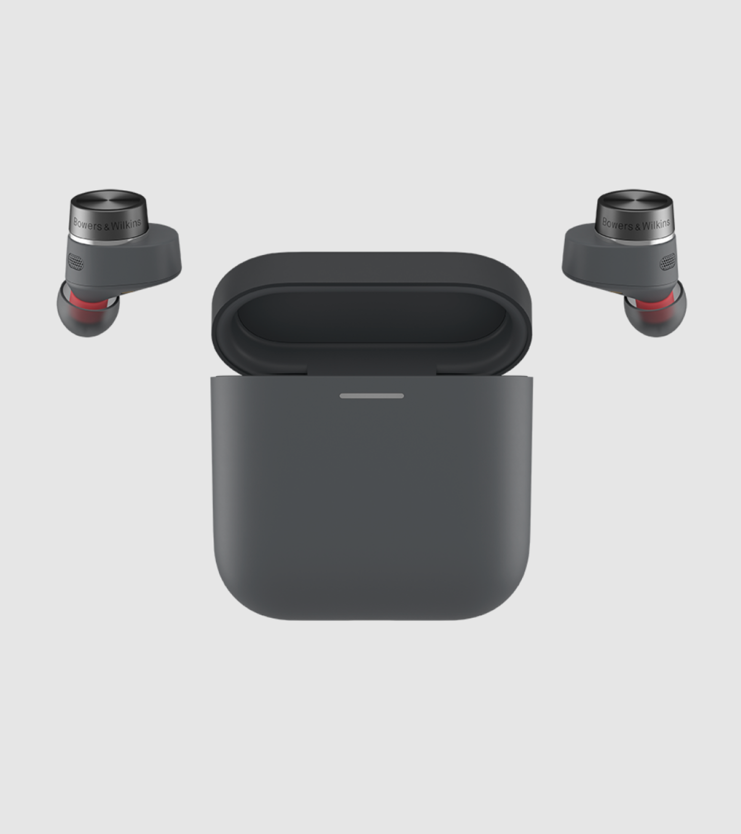 B&W Pi5 S2 Wireless Earbuds in Storm Cloud. Image with case