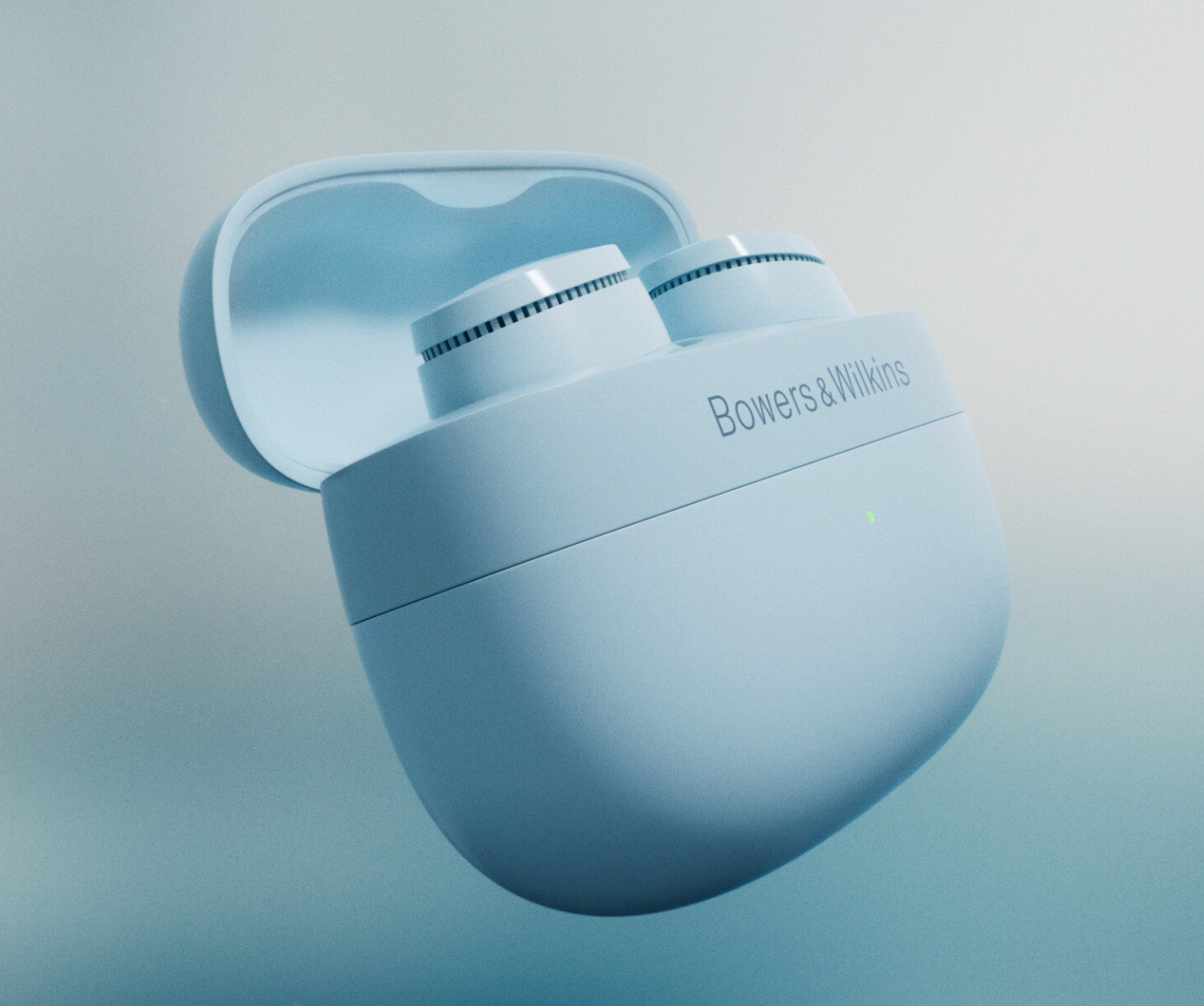 B&W Pi6 Wireless Earbuds in Glacial Blue, case
