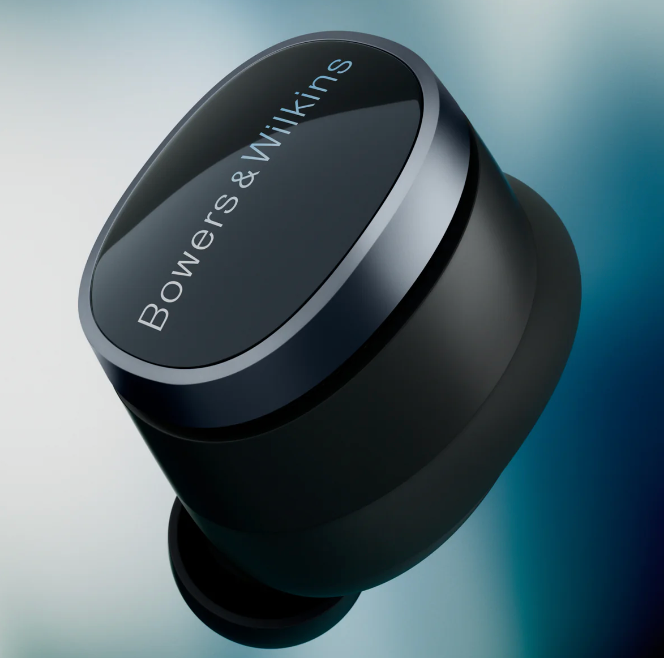 B&W Pi8 Wireless Earbuds in Anthracite black, up close 