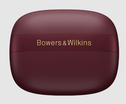 B&W Pi8 Wireless Earbuds in Dark Burgundy, carry case