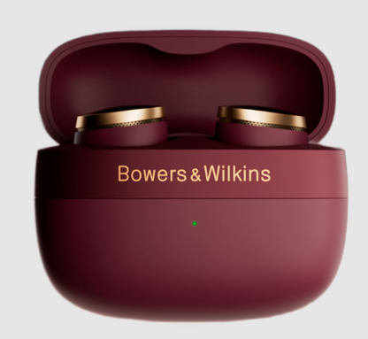 B&W Pi8 Wireless Earbuds in Dark Burgundy in their case