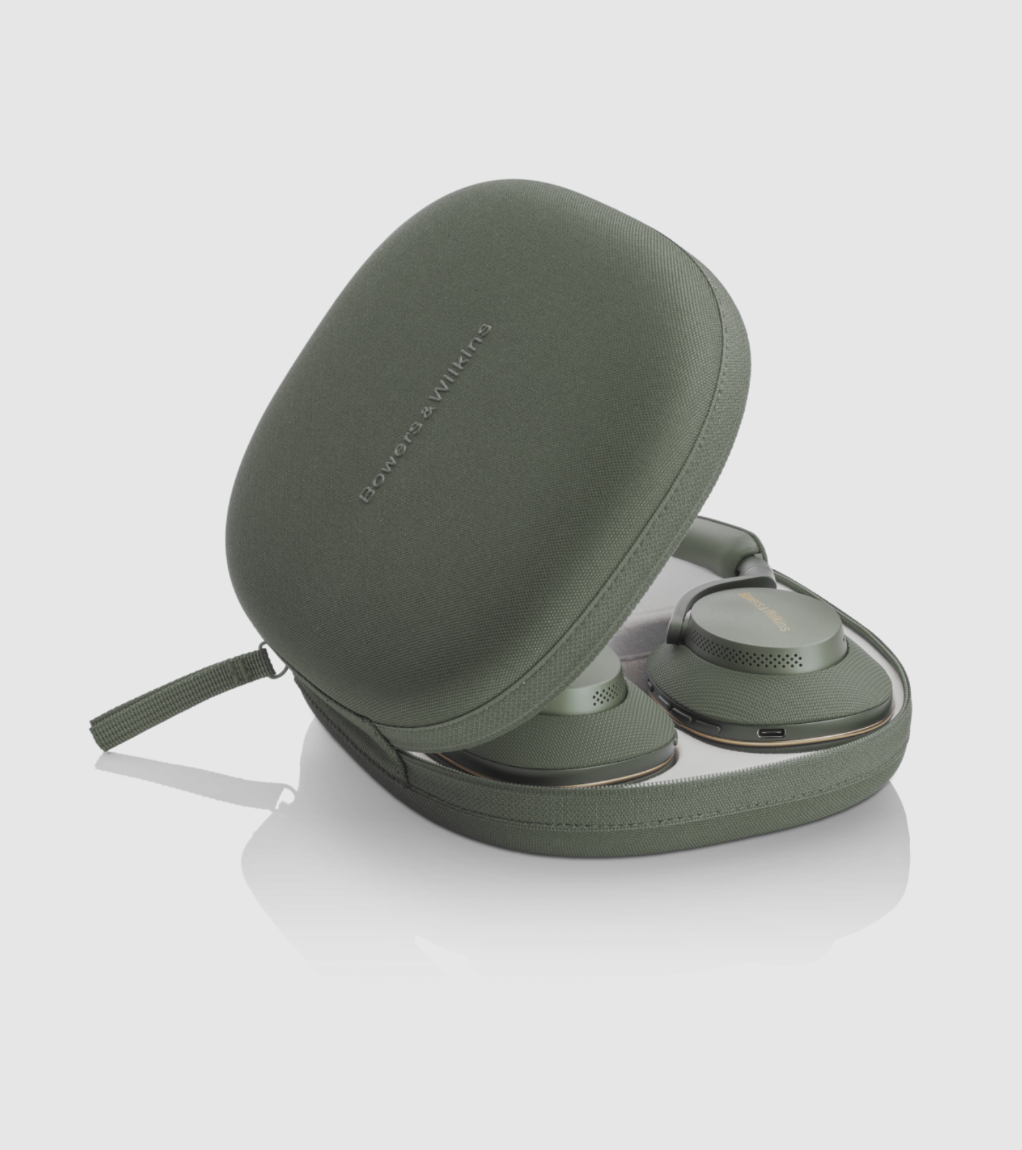 B&W Px7 S2e Noise Cancelling Headphones in Forest Green. Image in case
