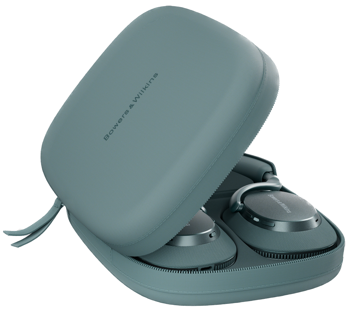 B&W Px7 S3 Noise Cancelling Headphones in Frost Blue, in their carry case