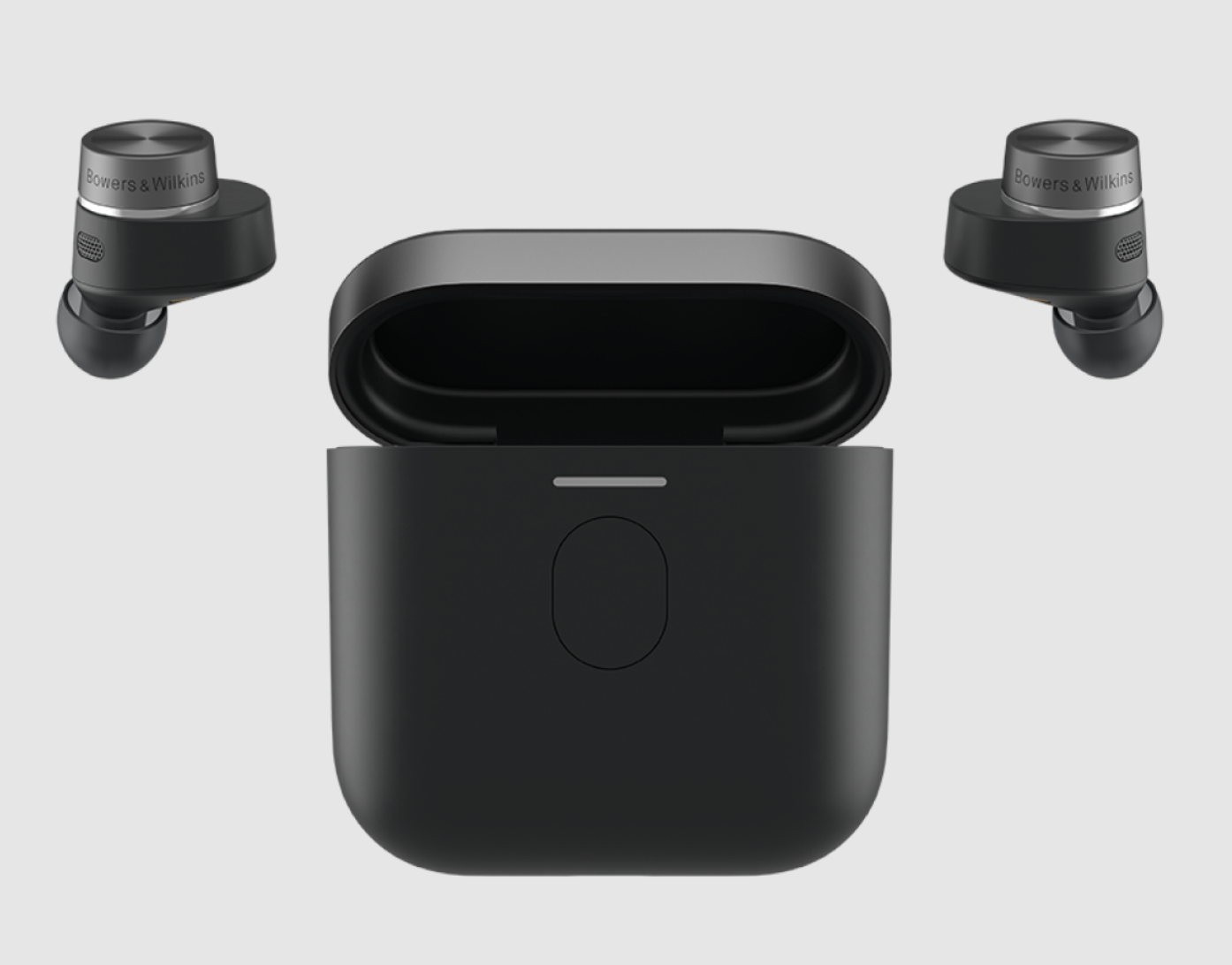 B&W Pi7 S2 Wireless Earbuds case and earbuds in Satin Black