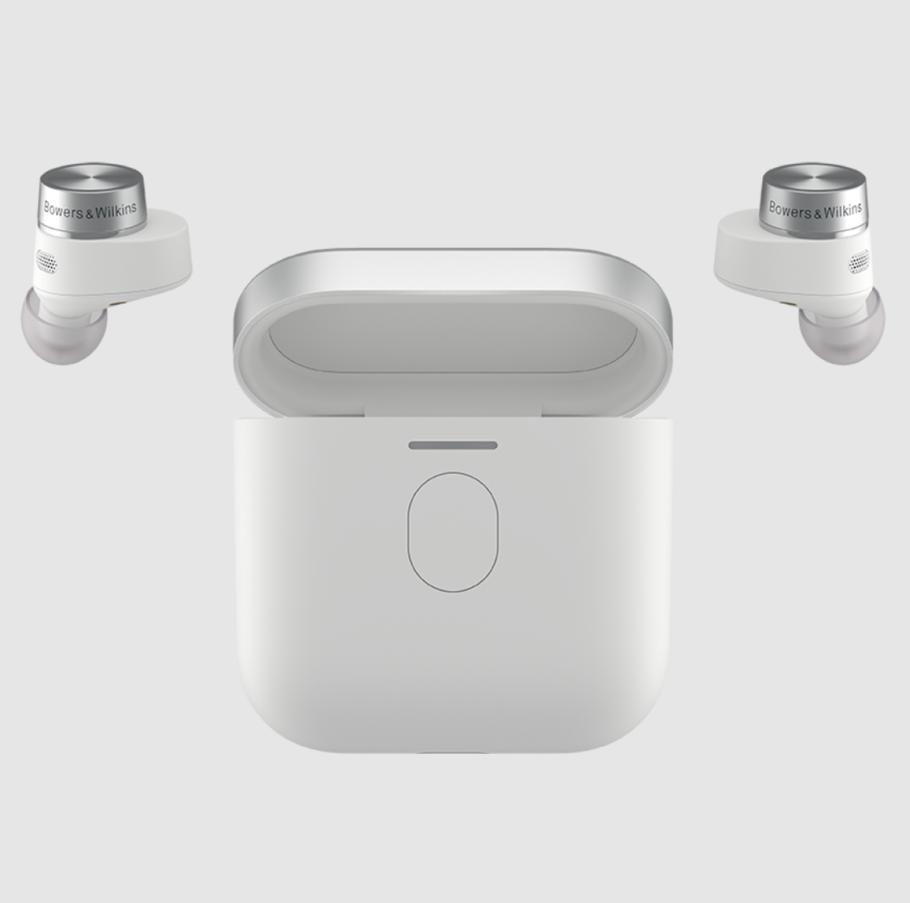 B&W Pi7 S2 Wireless Earbuds case and earbuds in Canvas White