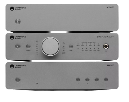 Cambridge Audio MXW70 Compact Power Amplifier Combo.  Shown with the MXN10 Music Streamer and the DacMagic 200M DAC