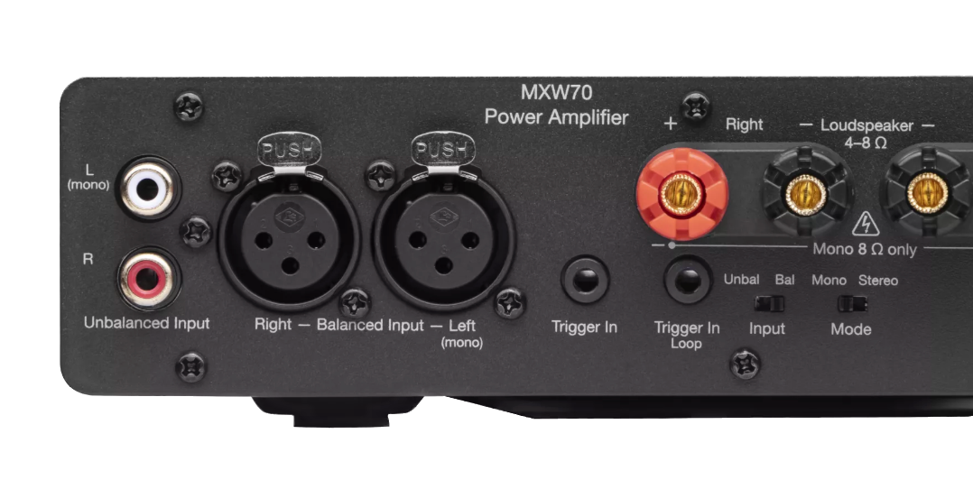 Cambridge Audio MXW70 Compact Power Amplifier, closeup of speaker outputs and stereo RCA inputs