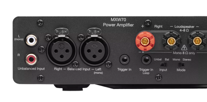 Cambridge Audio MXW70 Compact Power Amplifier, closeup of speaker outputs and stereo RCA inputs
