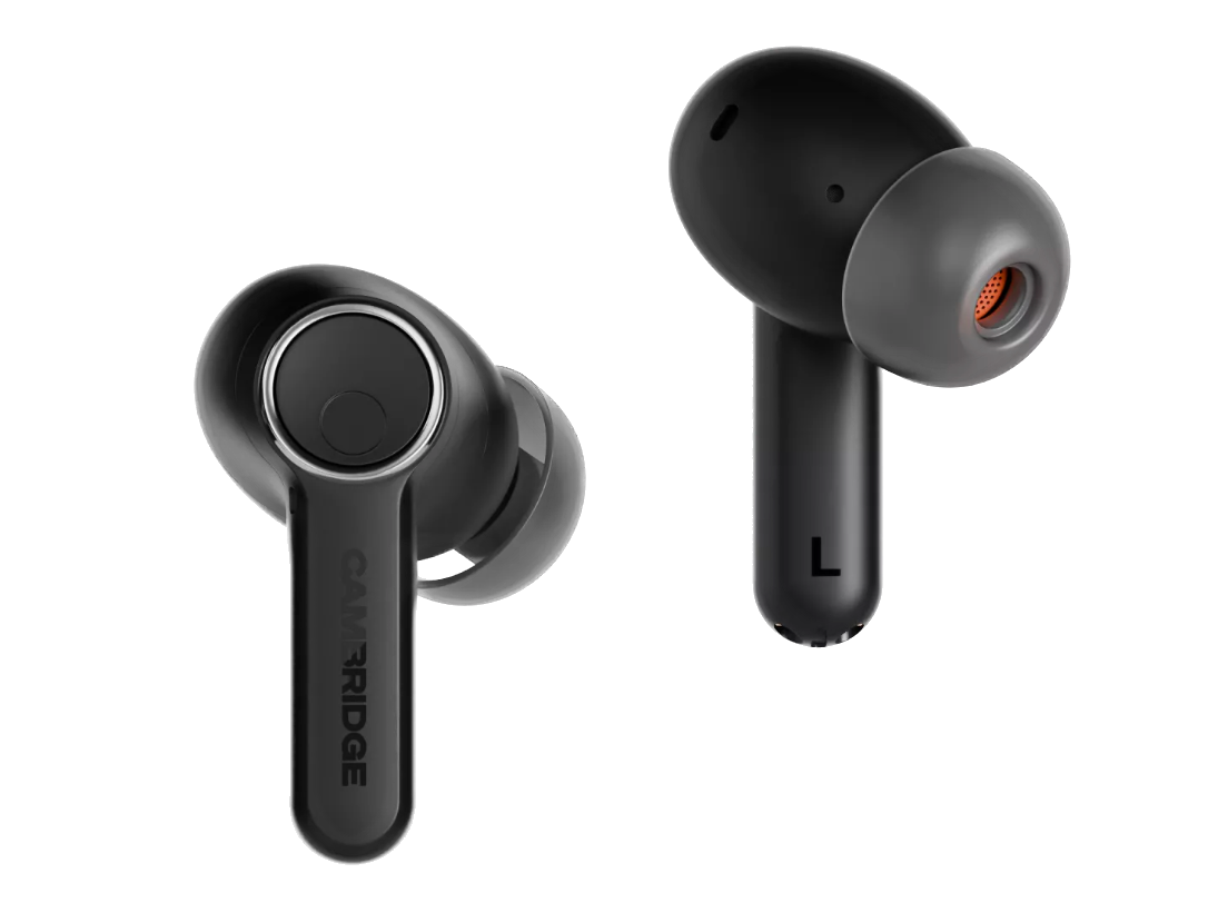 Cambridge Audio Melomania A100 True Wireless Headphones with ANC in Black, left and right