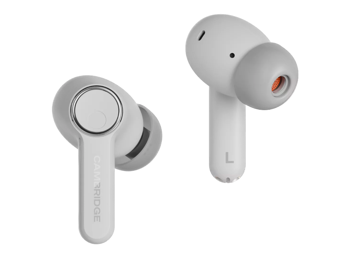 Cambridge Audio Melomania A100 True Wireless Headphones with ANC in White, left and right