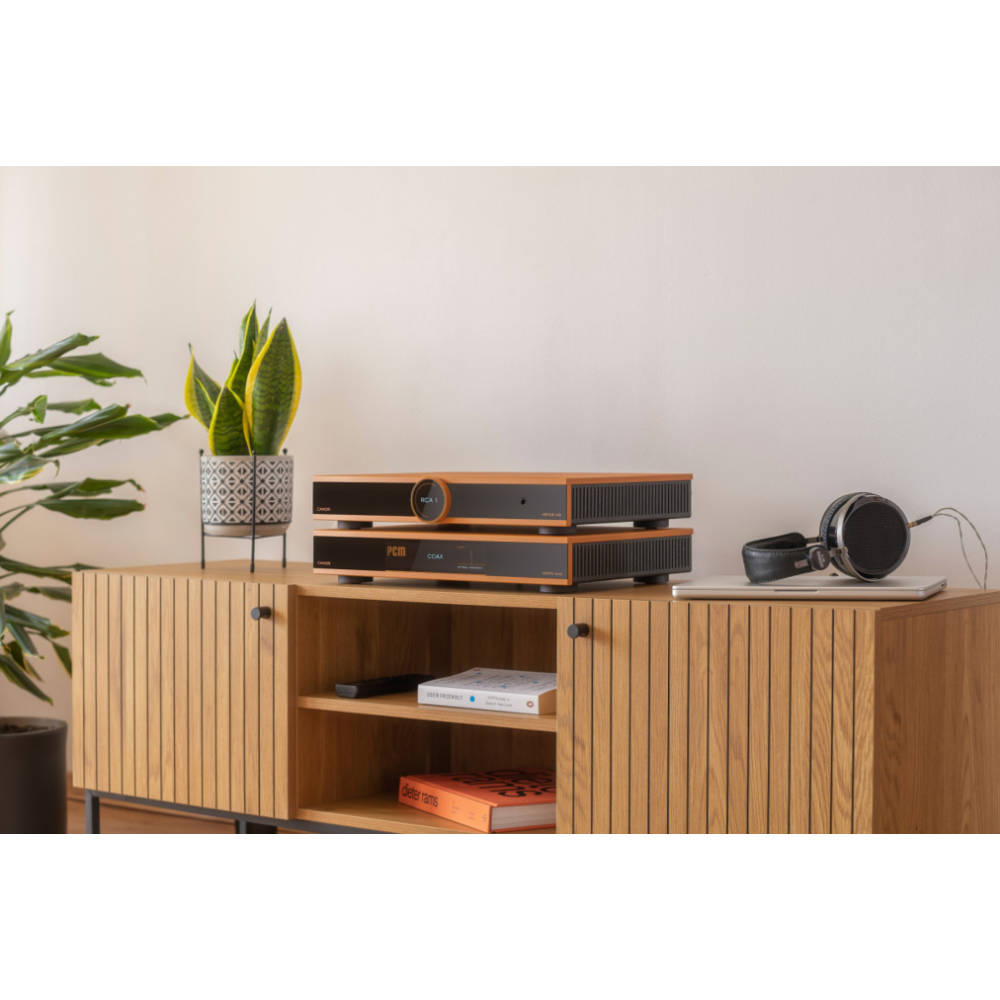 Canor Verto D4S Solid-State DAC in Bronze, in room setup shown with Vertus 14S Solid State Integrated Amplifier, also in Bronze