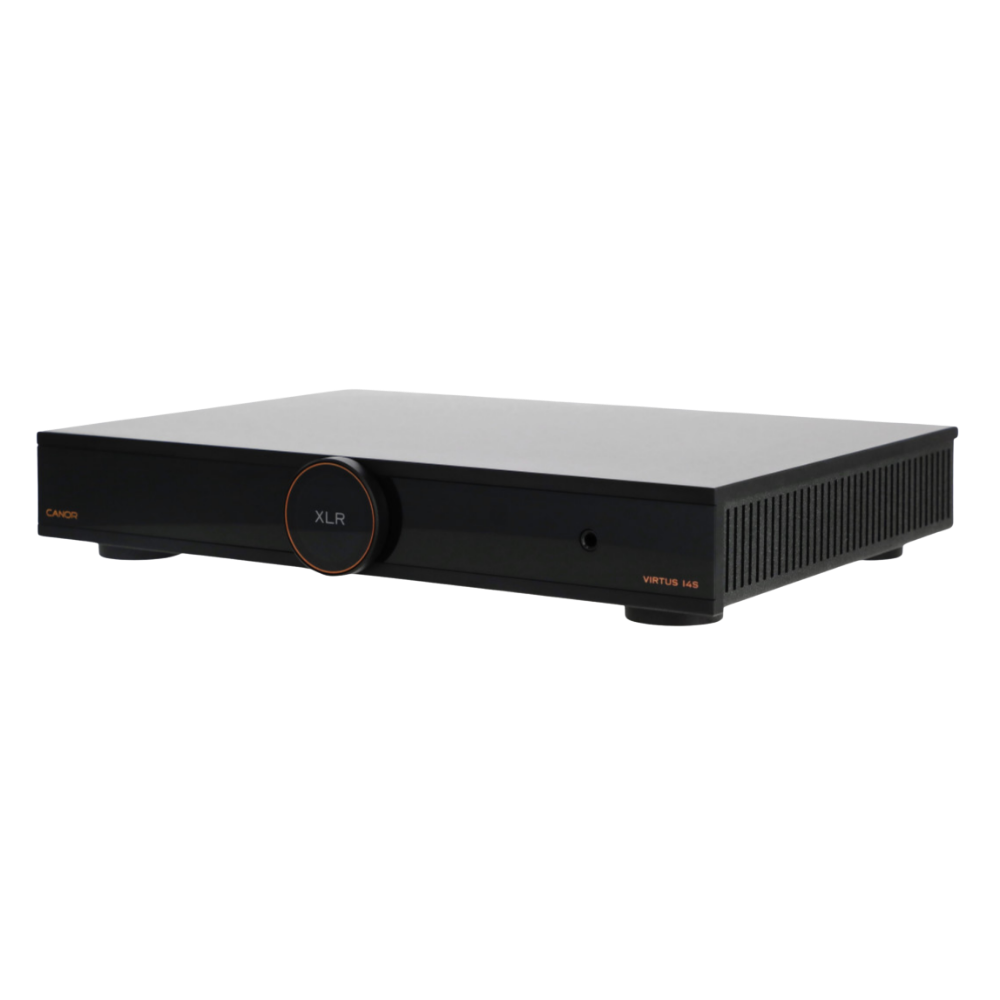 Canor Virtus 14S Integrated Solid-State Amplifier in black, angled