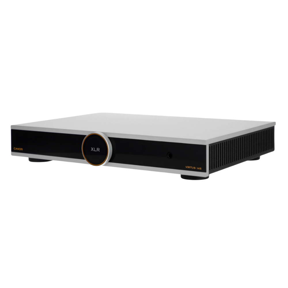 Canor Virtus 14S Integrated Solid-State Amplifier in silver, angled