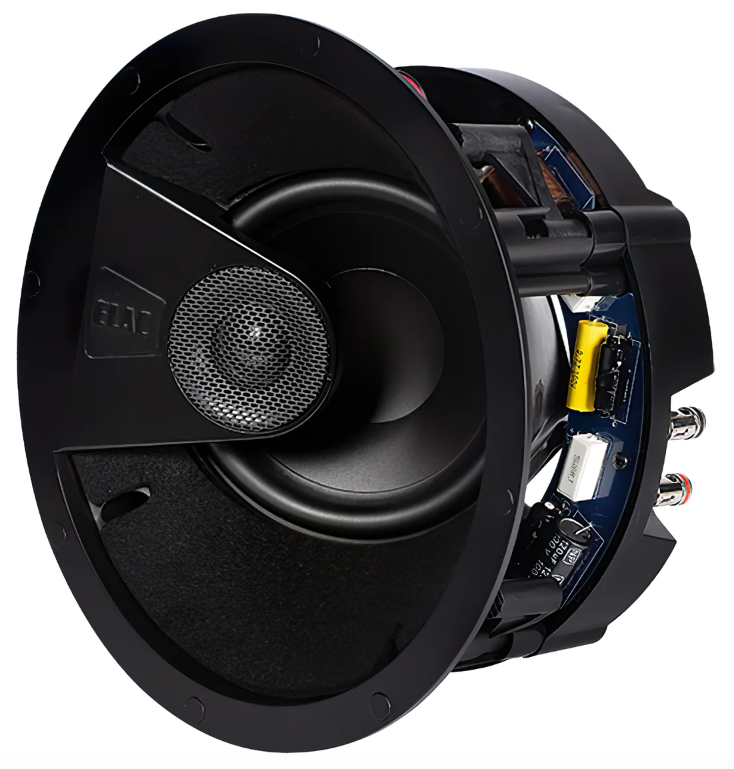 ELAC Vertex IC-VT61-W 6″ In-Ceiling 2 Way Speaker.  Image shows front and right  angle