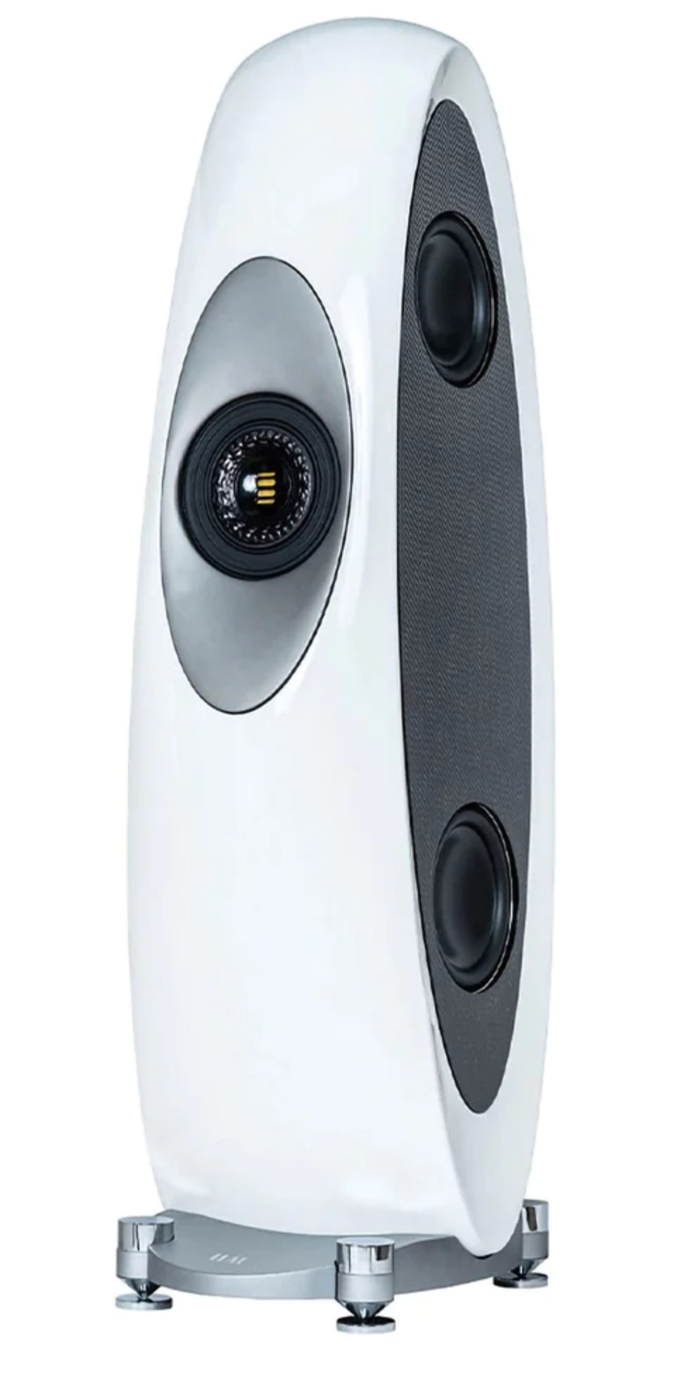 ELAC Concentro M Floorstanding Speakers in white.  Front and side image
