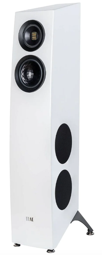 Elac Concentro S 507 Floorstanding Speakers in white. Image of single speaker front and side