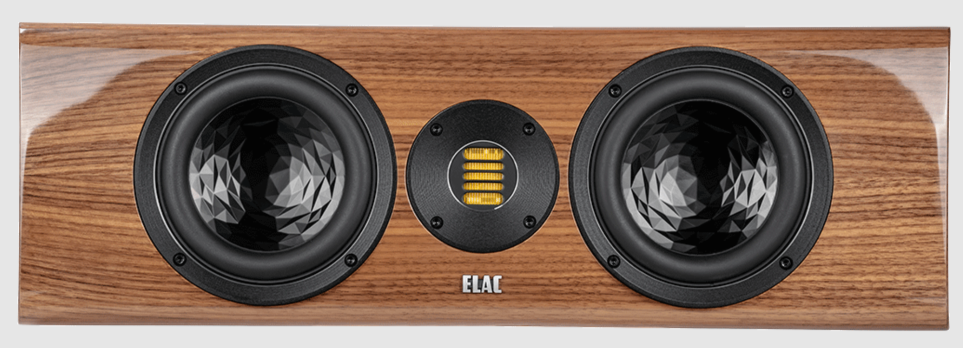 ELAC Vela CC401 Centre Speaker in walnut.  Front Image