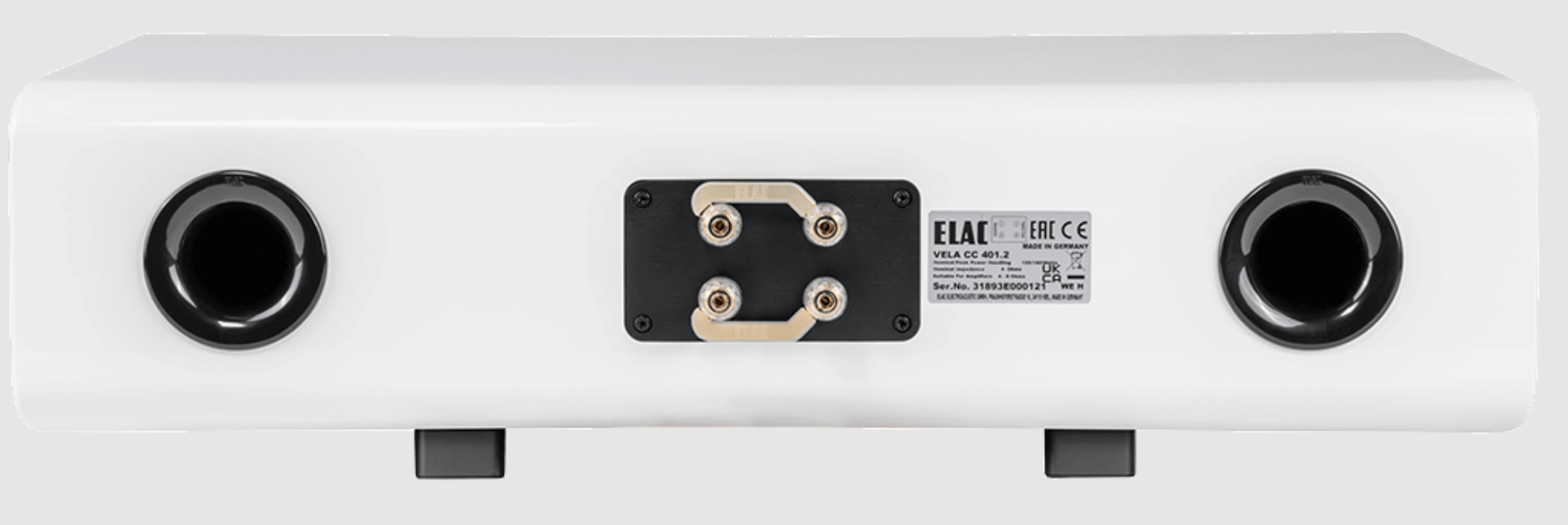 ELAC Vela CC401 Centre Speaker in white.  Back Image