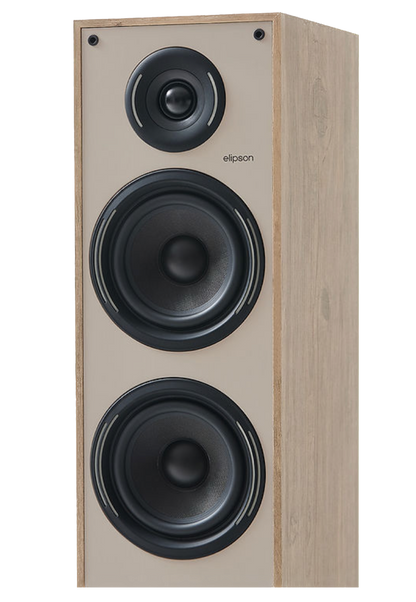 Elipson Horus 11F BT Active Floorstanding Speakers in Light Wood and Beige, closeup of individual speaker