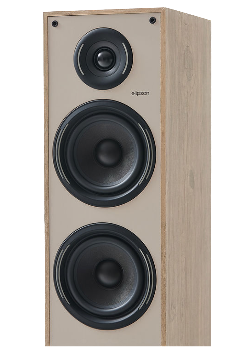Elipson Horus 11F BT Active Floorstanding Speakers in Light Wood and Beige, closeup of individual speaker