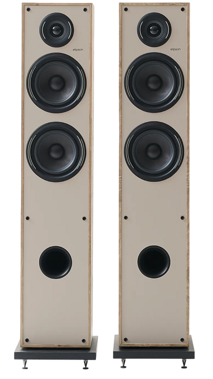 Elipson Horus 11F BT Active Floorstanding Speakers in Light Wood and Beige, front without grille