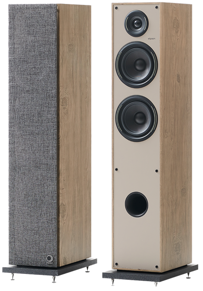 Elipson Horus 11F BT Active Floorstanding Speakers in Light Wood and Beige. with and without grille