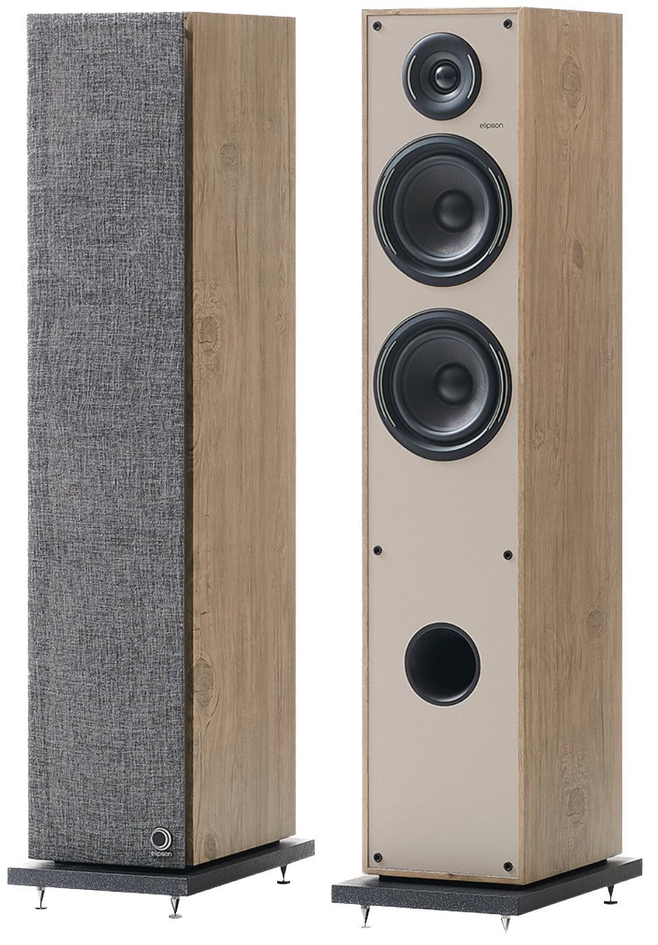 Elipson Horus 11F BT Active Floorstanding Speakers in Light Wood and Beige. with and without grille