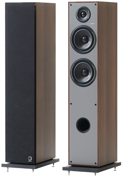 Elipson Horus 11F BT Active Floorstanding Speakers in Walnut with and without grilles