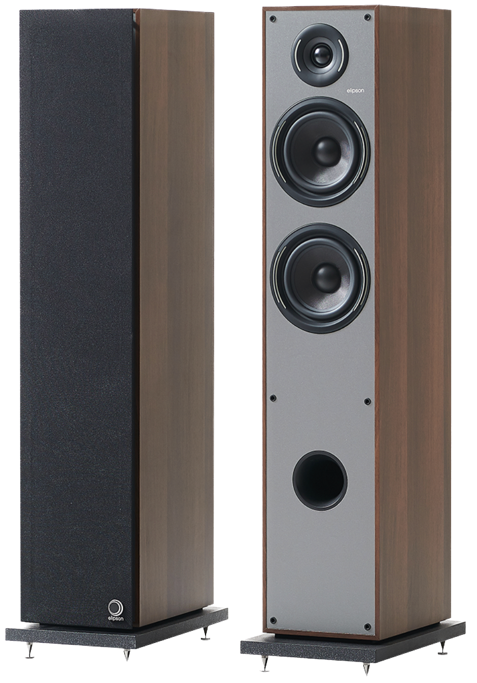 Elipson Horus 11F BT Active Floorstanding Speakers in Walnut with and without grilles