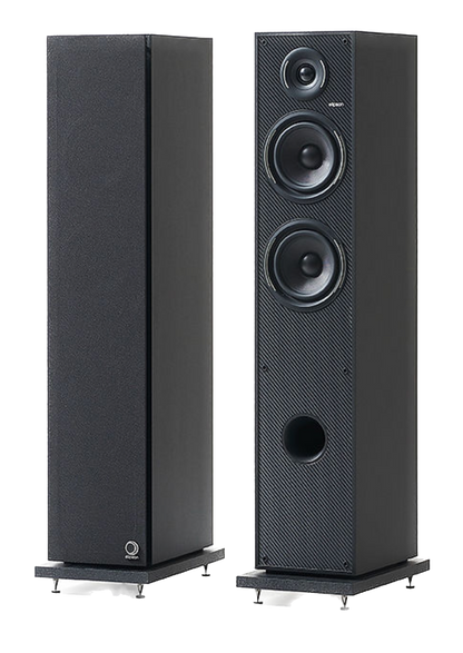 Elipson Horus 11F BT Active Floorstanding Speakers in Black angled, with and without grille