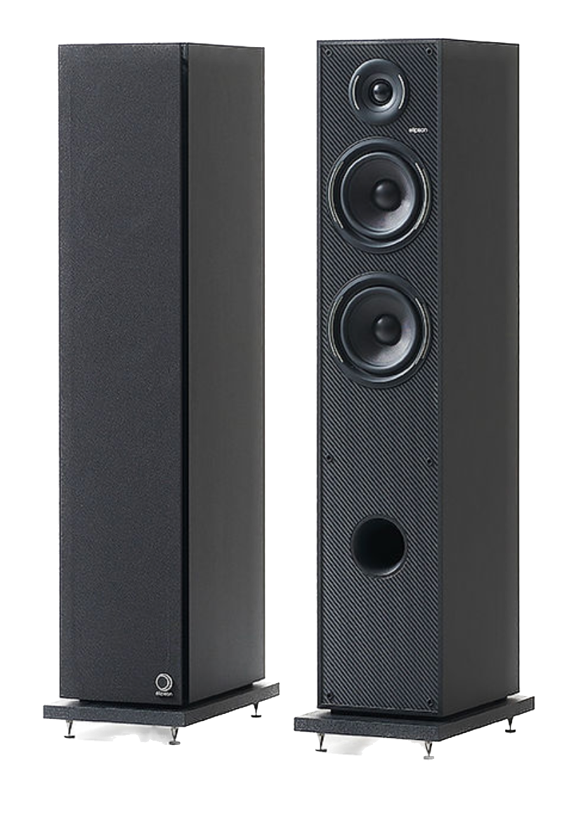 Elipson Horus 11F BT Active Floorstanding Speakers in Black angled, with and without grille